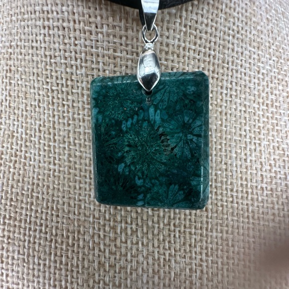 Green Coral Fossil Square Pendant on Black Satin Rope Cord - Picture 5 of 14